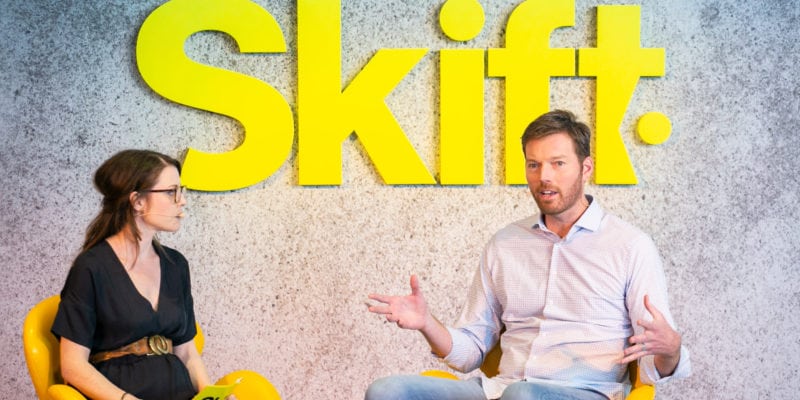 Uber Everything head Jason Droege speaking with Skift Table's Kristen Hawley at Skift Tech Forum in Santa Clara, CA in June 2018. / Skift Table