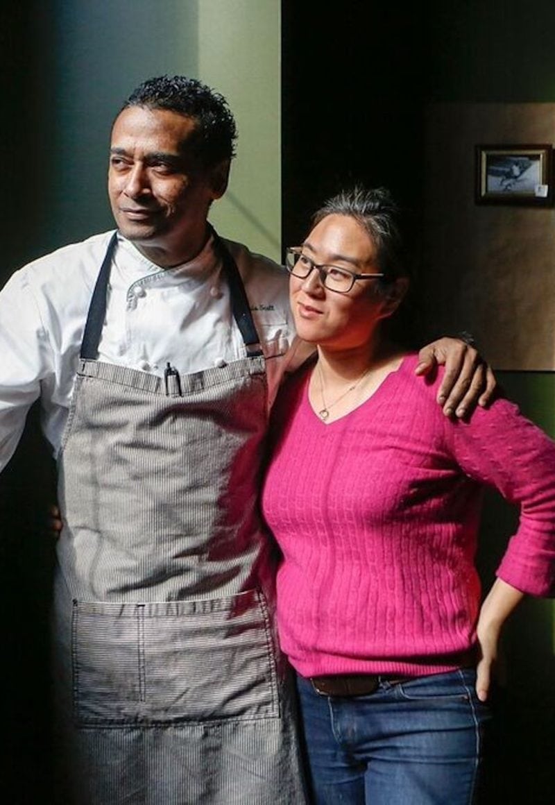 Chef Chris Scott with business partner and wife, Eugenie Woo, at their New York restaurant. / Butterfunk Kitchen