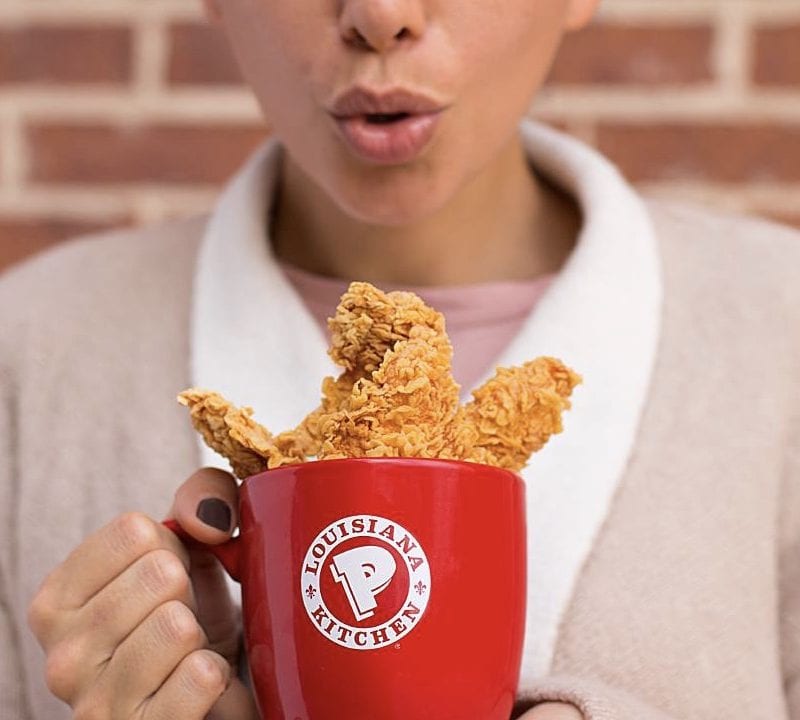 A promotional image from Popeyes promoting its chicken tenders. Poultry prices are low now, which means fast food brands wil offer specials. / Popeyes