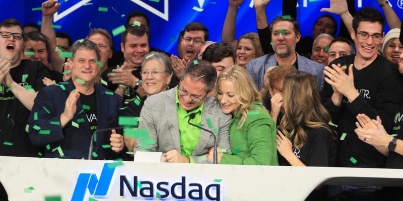 Waitr CEO Christopher Meaux and wife Missy Naquin Meaux celebrate the company going public on the Nasdaq stock exchange. / Waitr