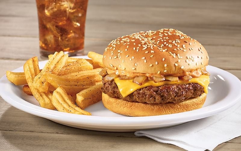 A photo of Denny's America's Diner Burger. / Dennys